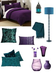 purple and teal bedroom decor with blue accents on the bed, vases, lamp, lampshade and pillows