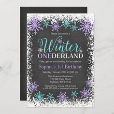 winter onederland birthday party card with snowflakes and glitter on the front