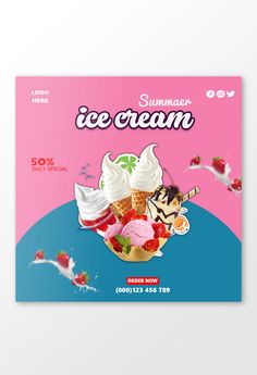 an advertisement for ice cream on a pink background