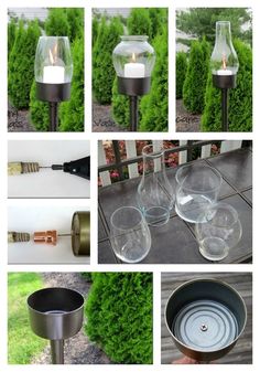 several pictures of candles and wine glasses on a table with trees in the background,