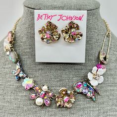 From A 2018 Collection. You’ll Love This Very Pretty, Desirable Set. Sleek Gold Tone Metals, Luminous Stones And Elements With Pretty Butterfly, Floral And Insect Charms Are Accented With A Pave Studded Safety Pin. Neckkace 16” With Extender; Earrings About 1”. There’s A Tiny Surface Scratch On The Flower In Photo #4, Left Of The Bug Charm. Very Hard To Photograph Due To Shiny Surface, So It’s Hard To Make Out. Set Is In Otherwise Excellent Condition. Nwt, Htf. Collectible! Feminine Multicolor Jewelry For Party, Multicolor Feminine Jewelry, Feminine Multicolor Spring Jewelry, Italian Minimalism, Quilt Pantographs, Pretty Butterfly, Betsey Johnson Necklace, The Bug, Betsey Johnson Jewelry