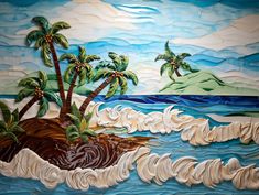 this is an image of a beach scene with palm trees and waves in the water