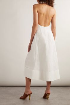 BOTTEGA VENETA Embellished tie-detailed crinkled woven halterneck midi dress | NET-A-PORTER Bottega Veneta Dress, Embellished Midi Dress, New Bottega, Garden Party Dress, Halter Midi Dress, Halterneck Dress, Knit Midi, Knit Midi Dress, White Midi Dress