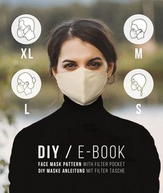 a woman wearing a face mask with instructions on how to use it