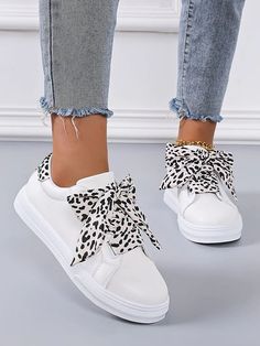 Chic and Stylish: Women's Leopard Lace-Up Front Skate Shoes - White Sn Leopard Print Lace-up Sneakers For Streetwear, Trendy High-top Lace-up Shoes, White Lace-up Shoes For Summer, Trendy Lace-up Sneakers With Speckled Midsole, Trendy Flat Sneakers, White Flat Lace-up Shoes, Trendy Flat Sneakers With Laces, Trendy Flat Sneakers With Speckled Midsole, White Lace-up Shoes With Perforated Toe Box For Spring