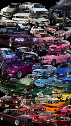 a bunch of cars that are all different colors and sizes in the same image,