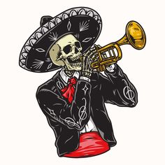 a skeleton wearing a sombrero playing a trumpet