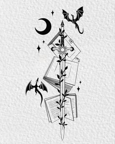 an artistic tattoo design with books and bats