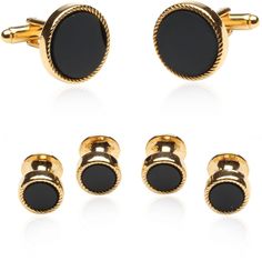 This six-piece formal wear set has a 14-karat gold-plated overlay and a beautiful luster with a black onyx stone center. Gold Tux, Cufflinks Men Fashion, Yellow Overlay, Men Tuxedo, Tuxedo Studs, Pearl Cufflinks, Hot Jewelry, Gold Cufflinks, Cufflink Set