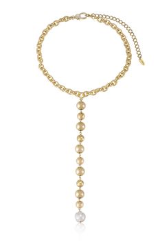 Deep Drop Pearl and 18k Gold Plated Lariat Necklace Gold Dangle Lariat Necklace For Parties, Gold Dangle Chain Necklace With Pearl Chain, Gold Lariat Necklace With Adjustable Chain For Party, Adjustable Gold Lariat Necklace For Party, Gold Dangle Lariat Necklace With Adjustable Chain, Gold Delicate Chain Drop Necklace For Party, Gold Lariat Necklace With Long Drop Chain, Gold Lariat Necklace With Dangle Clavicle Chain, Adjustable Gold Drop Choker Necklace