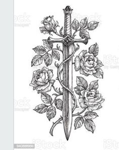 Rose And Dagger Tattoo, Dagger Drawing, Tatoo Inspiration, Gothic Tattoo, Dagger Tattoo, Minimalist Tattoos, Line Art Tattoos, Tattoo Art Drawings, Tattoos Gallery