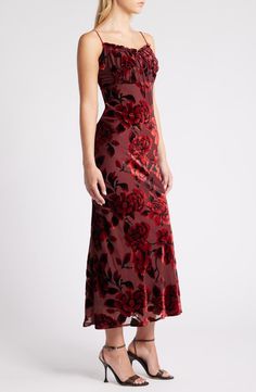 Rare London Devore Floral Tie Front Chiffon Maxi Dress | Nordstrom Velvet Work Dress, Eclectic Cocktail Dress, Dress And Boots Wedding Guest, Jewel Tone Wedding Guest Dress, What To Wear To A Quinceanera As A Guest, Christmas Party Dress Work, Librarian Core, Fall Cocktail Dress, Mauve Velvet