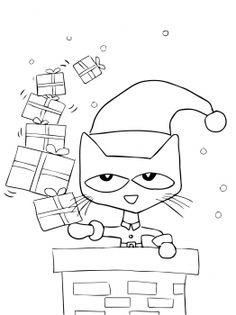 a black and white drawing of a cat wearing a santa hat with presents in front of him