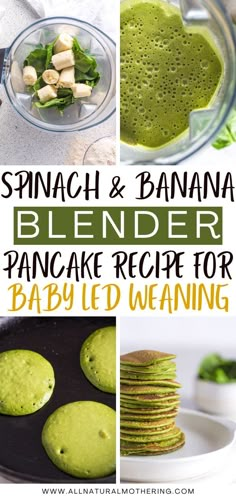 spinach and banana blender pancake recipe for baby led weaning with text overlay