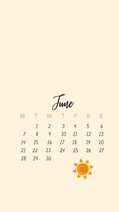 a calendar with the word june written in black and orange on it's side