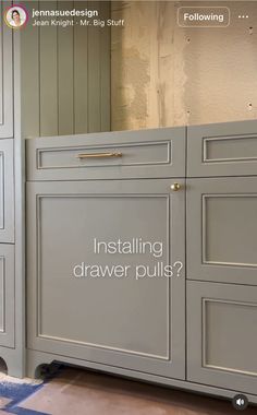 an image of a kitchen with the words installing drawer pulls? written in front of it