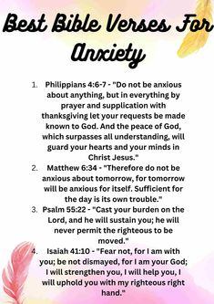 the best bible verses for anxiey with pink and yellow feathers on it