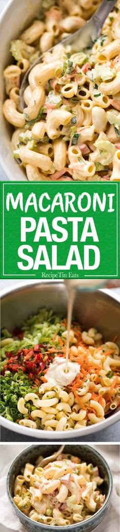 macaroni and pasta salad is being served in a skillet with the title above it