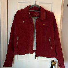 Dark Red Fur Lined Corduroy Jacket. Never Worn, In Perfect Conditions. Winter Red Outerwear With Corduroy Collar, Red Corduroy Winter Outerwear, Dark Red Jacket, Red Corduroy Jacket, Red Jacket Women, Red Fur, Corduroy Jacket, Zip Up Jacket, Jacket Women