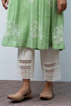 Apple green chanderi kurta with floral print and lace yoke. Paired with a lace hem pant and inner. - Aza Fashions Pleated Pant, Women Kurta, Straight Kurta, How To Hem Pants, Kurta With Pants, Lace Hem, Pleated Pants, Apple Green, Set Women