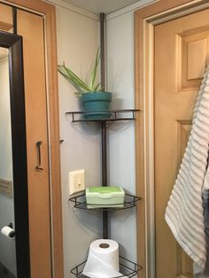 a bathroom with two shelves and a toilet