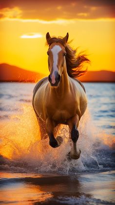 a horse running through the water at sunset