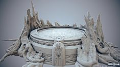 an artistic photo of a fountain surrounded by frozen trees and ice - covered branches, with a statue in the foreground