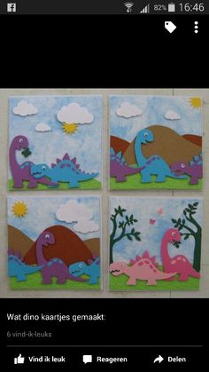 four pictures of dinosaurs with clouds and sun in the sky, one is painted on wood