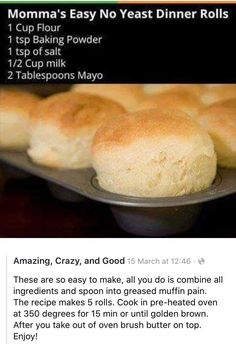 an image of some breads on a pan with the text mom's easy no yeast dinner rolls