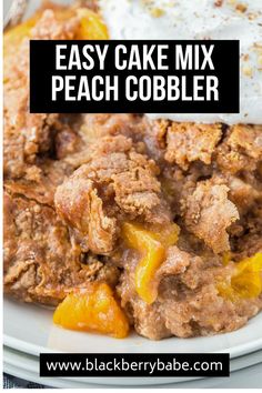 easy cake mix peach cobbler recipe on a white plate