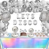 an image of a disco party with balloons and cake on the table in front of it