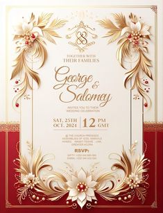 an elegant wedding card with gold and red flowers