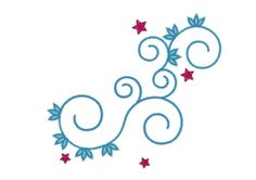 a blue and red swirly design with stars on the bottom right corner, in front of a white background