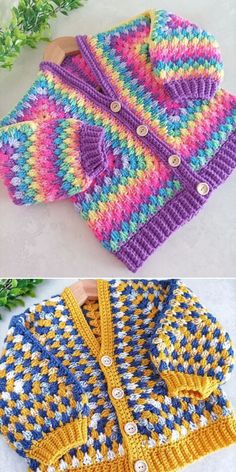 crocheted sweaters are shown in three different colors