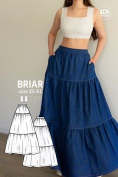 This perfectly easy yet perfectly romantic tiered ruffle skirt has all the pretty little design details needed for the ultimate summer-like piece without any time-consuming and complicated techniques. Wear either high or low-waisted! 🩵 BRIAR Tiered Ruffle Maxi Skirt PDF Digital Sewing Pattern for Women Sizes XS-XL After your purchase you will receive: an instructional ebook, the nested pattern in 5 sizes and 2 formats, A4/Letter and A0 copyshop, and the video tutorial. Design: Classic A-line si Dress Patterns Beginner, Long Skirts Patterns, Sew Womens Clothes, Simple Sew Patterns, Sewing Projects To Gift, Long Skirt Free Pattern, Long Skirt Sewing Pattern Free, Begginer Sewing Patterns, Linen Skirt Sewing Pattern