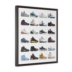 a framed poster with many different sneakers on it's sides, all in white and black