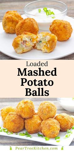 loaded mashed potato balls on a white plate with ranch dressing in the background and text overlay that reads loaded mashed potato balls