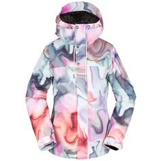 a woman's snowboard jacket with an abstract print on the front and back