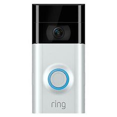 the ring video camera is on display in front of a white background with blue accents