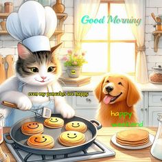 a cat and dog are cooking together in the kitchen with pancakes on the stove top