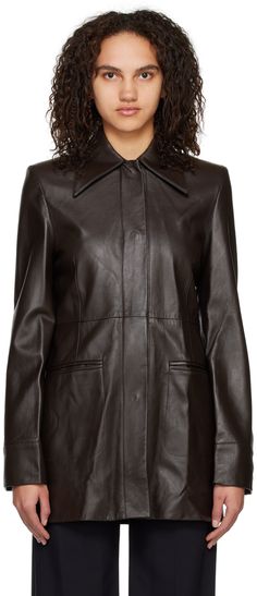 Grained lambskin jacket. · Spread collar · Press-stud placket · Welt pockets · Darts at front · Padded shoulders · Vented back hem · Full satin lining Supplier color: Brown Lambskin Jacket, Brown Leather Jacket, Leather Jacket Black, Leather Jackets Women, Online Shopping Clothes, Welt Pockets, Apparel Accessories, Coats For Women, Fashion Clothing