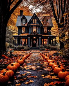 a house with lots of pumpkins in front of it and leaves on the ground