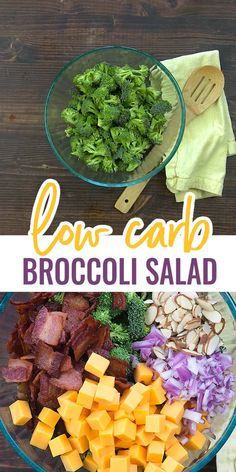 the broccoli salad is prepared and ready to be eaten in the kitchen, with text overlay