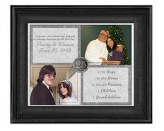 an anniversary card with two photos and a couple's name on the front, in black frame