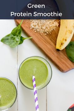 A green protein smoothie sits beside bananas and spinach. Green Protein Smoothie, Protein Smoothie Recipes, Healthy Green Smoothies, Healthy Smoothie, Protein Smoothie, Smoothie Recipe, Healthy Smoothies