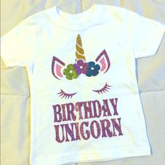 Brand New Birthday Shirts With Unicorn Art Cute Unicorn Print Birthday T-shirt, Cute Shirt With Graphic Print For First Birthday, Cute Graphic Print Shirt For First Birthday, Playful Cartoon Print Shirt For Birthday, Cute Birthday Shirt With Cartoon Print, Fun White Shirt For First Birthday, Cute Cartoon Print Shirt For Birthday, Playful Birthday Shirt With Funny Print, Birthday White T-shirt With Unicorn Print