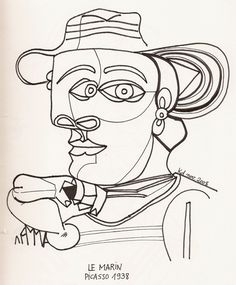 a black and white drawing of a person with a hat