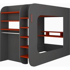 a gray and orange book shelf with red shelves