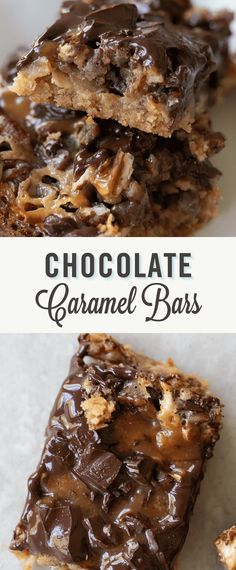 chocolate caramel bars stacked on top of each other with text overlay that reads, chocolate caramel bars