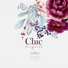 a watercolor painting of purple flowers and greenery with the words chic banquet